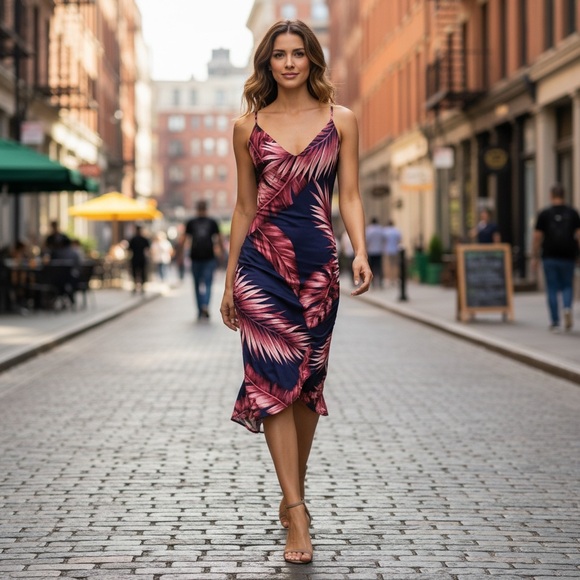 Windsor Dresses & Skirts - Windsor Tropical Palm Leaf Asymmetrical Ruched Bodycon Dress Navy Pink Medium